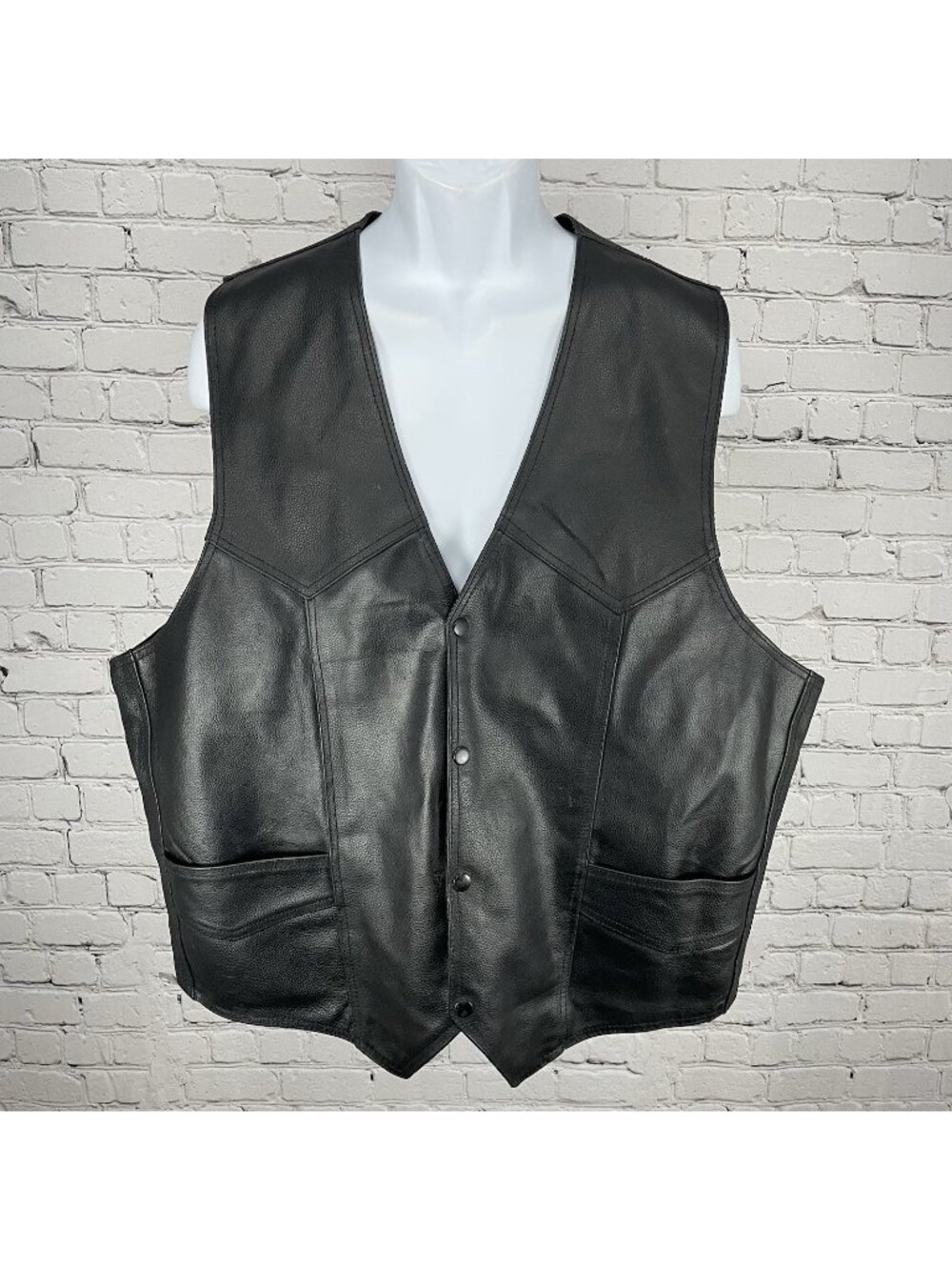 Genuine Leather Black Bikercore Classic Snapped Lined Vest Pockets Size 56